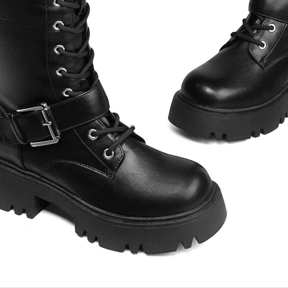 Women's Black DREAM PAIRS Combat Riding Platform Knee-High Boots Lace Up Gothic - Picture 8 of 9